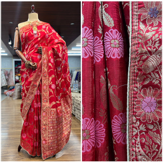 JMS Studio Woven Red Kanjivaram Style Saree with Golden Zari