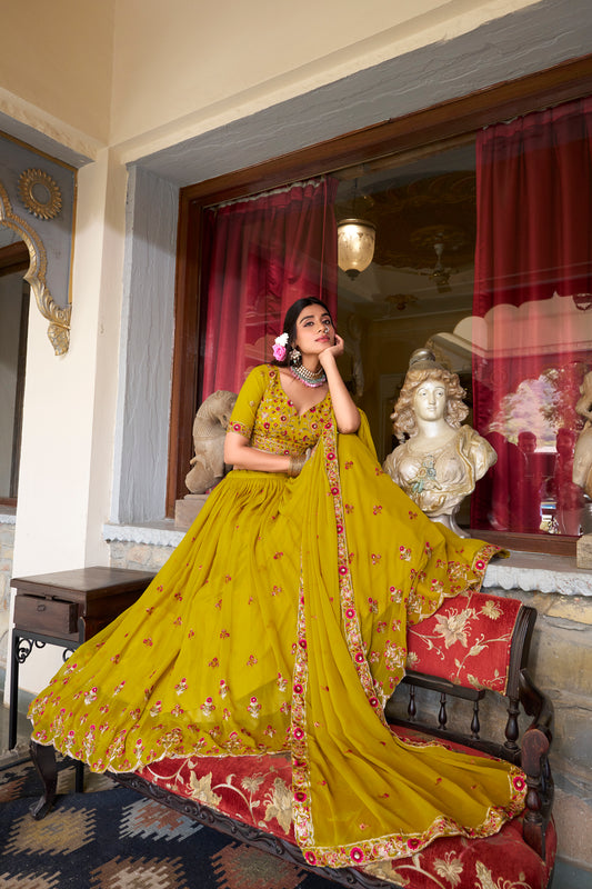 Doli - Georgette Sequins and Thread Embroidery Work Mustard Lehenga Choli Set - JMS Studio