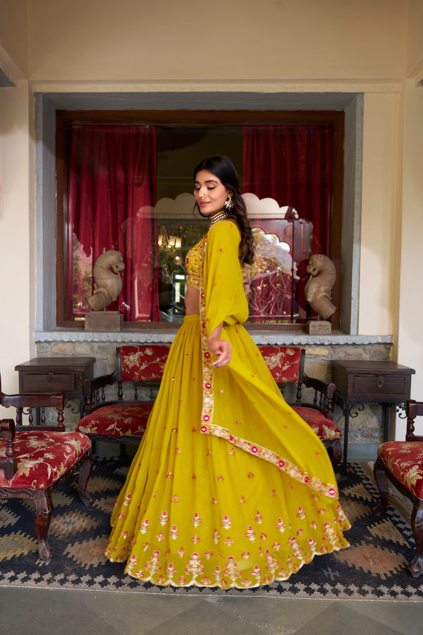 Doli - Georgette Sequins and Thread Embroidery Work Mustard Lehenga Choli Set - JMS Studio