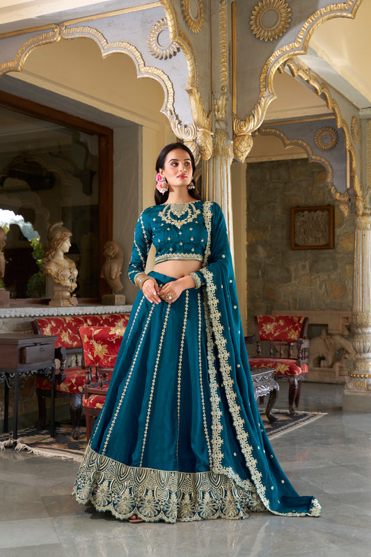 Doli - Vichitra Silk Sequins and Thread Embroidery Work Ferozi Lehenga Choli Set - JMS Studio