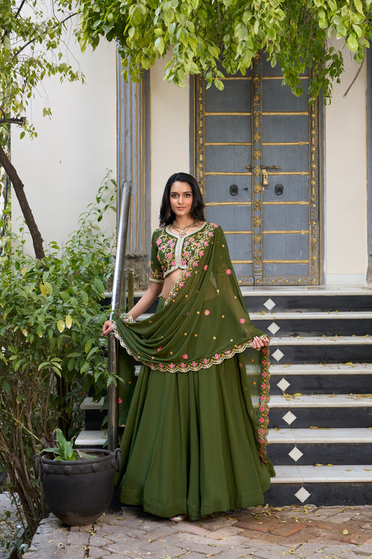 Doli - Georgette Sequins and Thread Embroidery Work Mehendi Lehenga Choli - JMS Studio