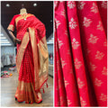 Red woven saree with golden zari border and floral kanjivaram-style motifs
