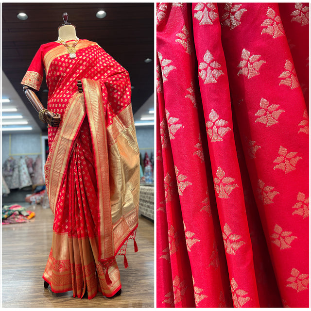 Red woven saree with golden zari border and floral kanjivaram-style motifs