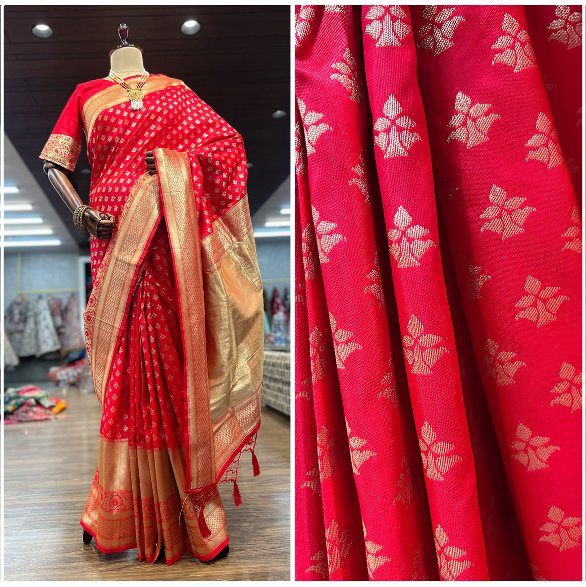 JMS Studio Woven Red Kanjivaram Style Saree with Golden Zari