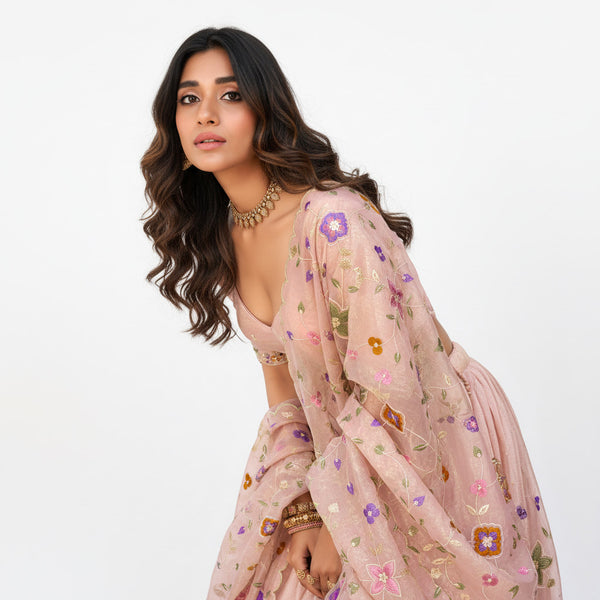 Light pink embroidered lehenga choli with multicolor floral thread and sequins