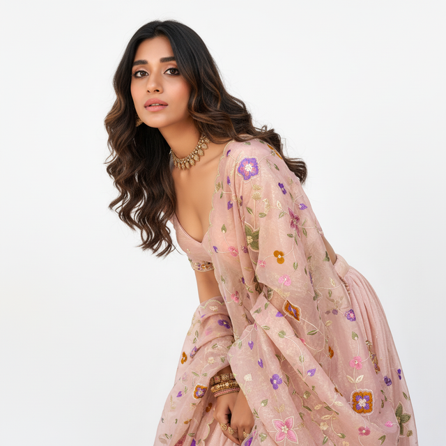 Doli light pink embellished lehenga choli with floral thread embroidery and sheer dupatta