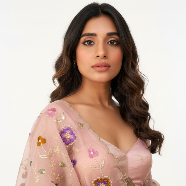 Doli light pink blouse with floral thread embroidery, sequins, and scalloped neckline