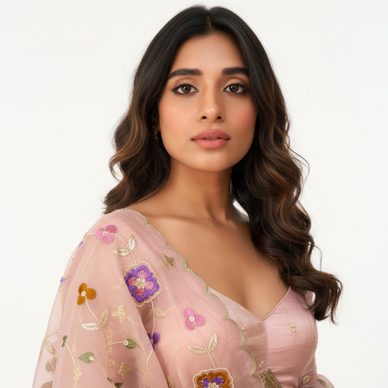 Light pink V-neck blouse with floral thread embroidery and sequin motifs on sheer sleeves