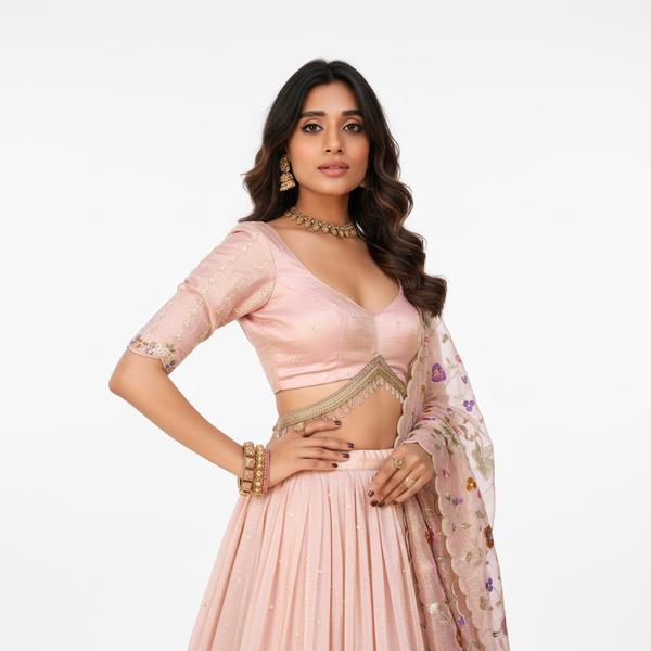 Doli - Sequins and Thread Embroidery All Over Booti Light Pink Lehenga Choli
