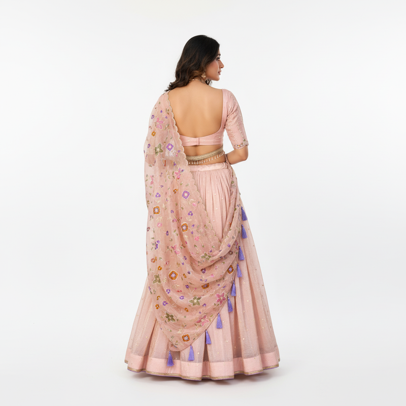 Light pink lehenga choli set with back blouse and draped embroidered dupatta