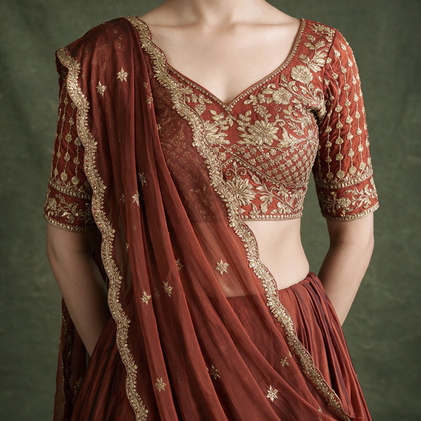 Close-up of the rust blouse with gold embroidery and the scalloped-edge dupatta draped across the shoulder