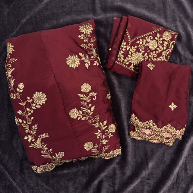 Wine festive clothing set pieces with gold floral embroidery and ornate border