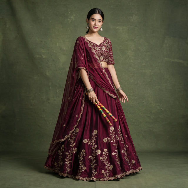 Wine chaniya choli lehenga set with gold rangoli thread embroidery and sequins