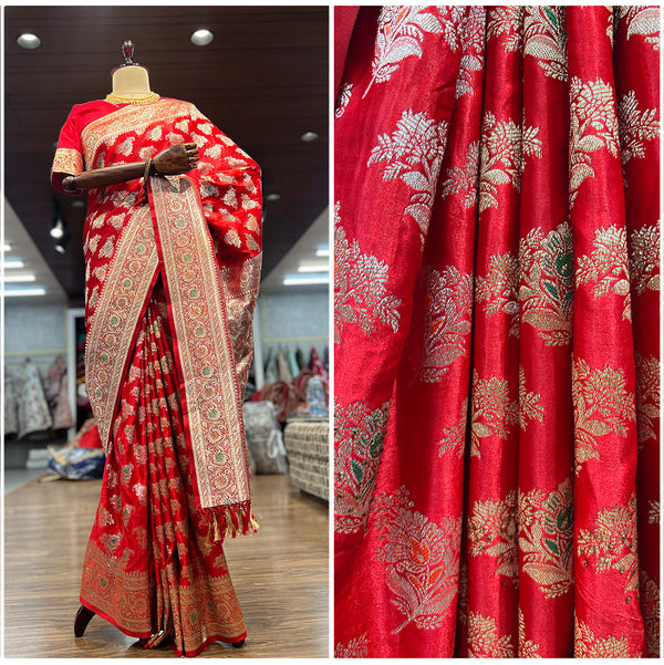 JMS Studio Woven Red Kanjivaram Style Saree with Golden Zari