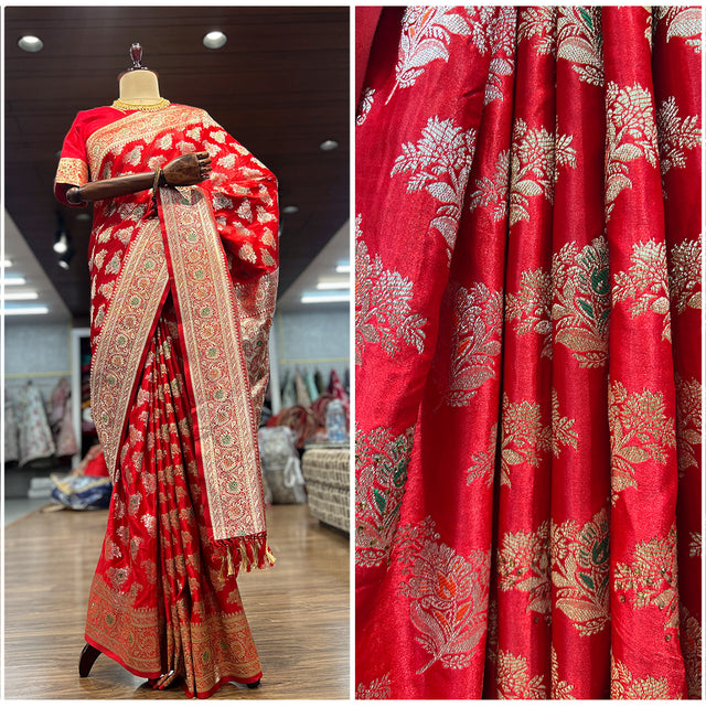 Red woven saree with gold zari border and patterned pallu