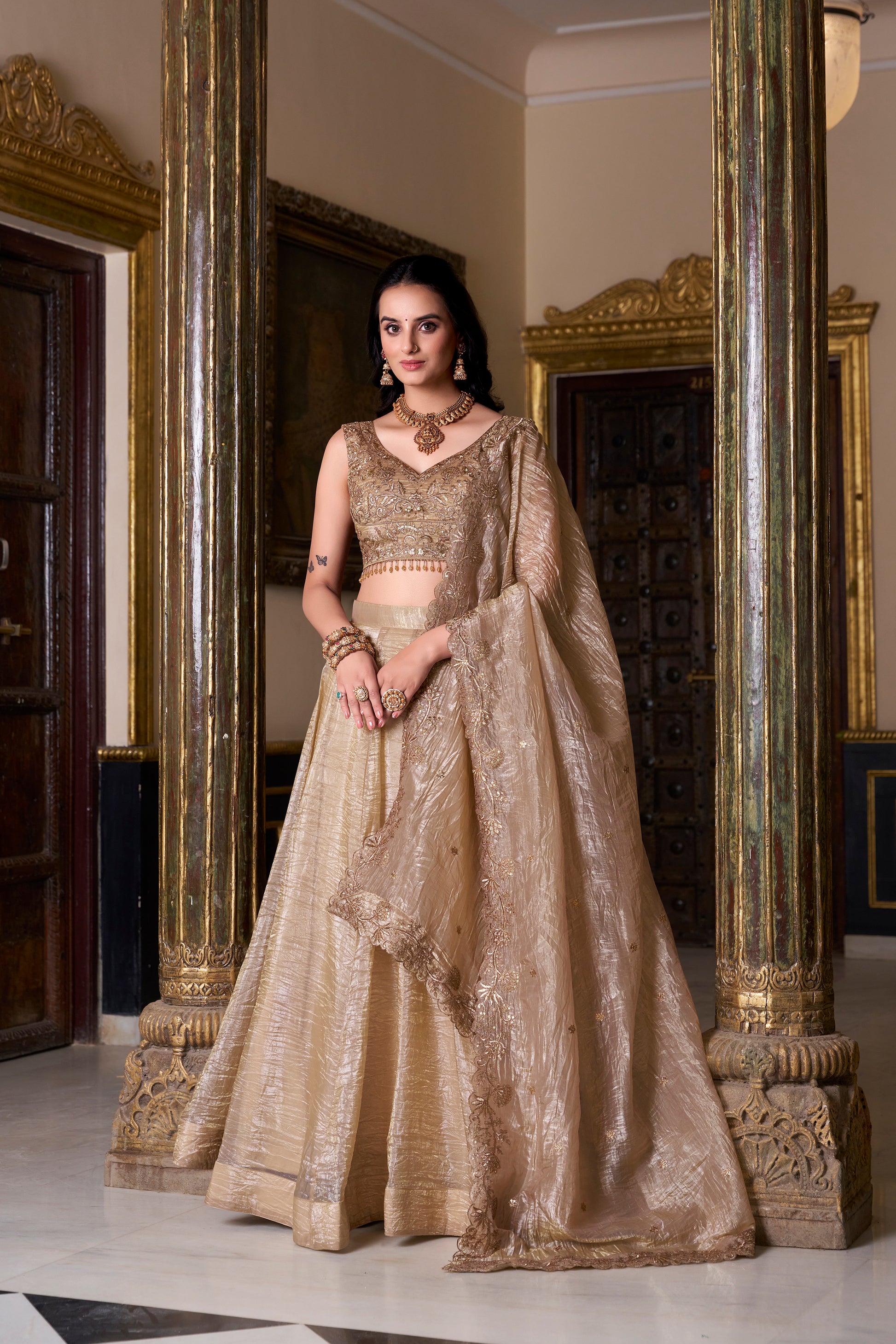 Doli - Gold Crush Sequins and Thread Embroidery Work Chiku Lehenga Choli - JMS Studio