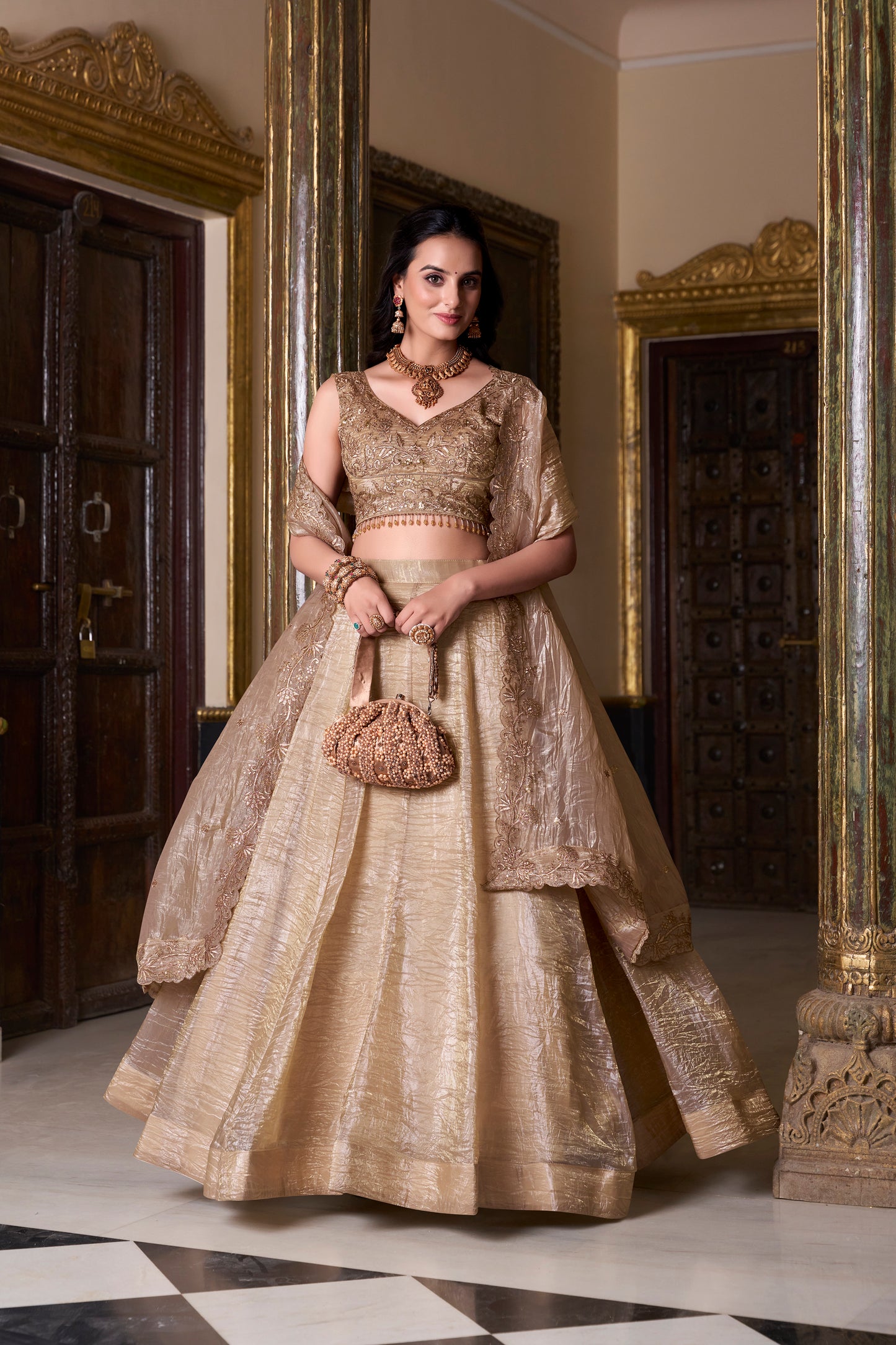 Doli - Gold Crush Sequins and Thread Embroidery Work Chiku Lehenga Choli - JMS Studio