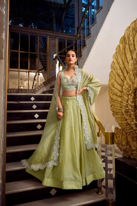 Doli - Sequins and Thread Embroidery with Jarkan Diamond Pista Lehenga Choli - JMS Studio