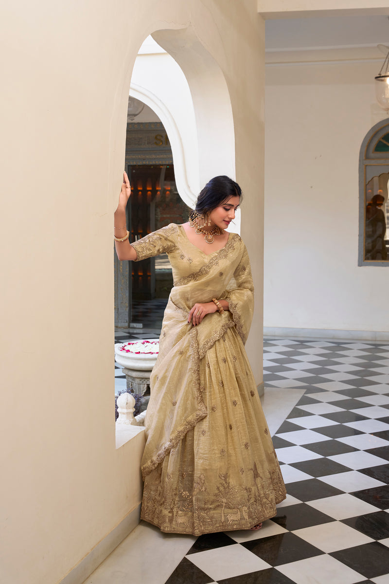 Doli - Gold Crush Sequins and Thread Embroidery Work Off White Lehenga Choli - JMS Studio