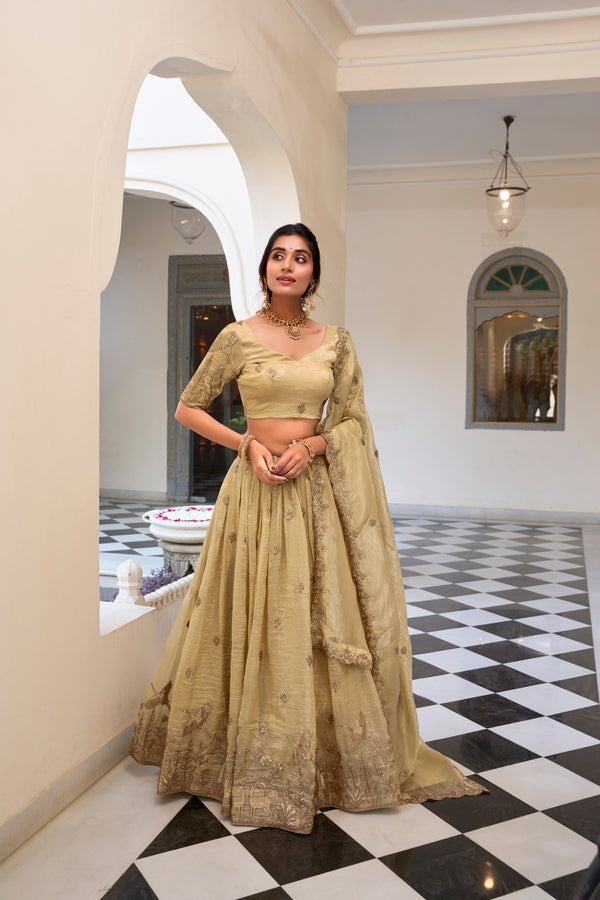 Doli - Gold Crush Sequins and Thread Embroidery Work Off White Lehenga Choli - JMS Studio