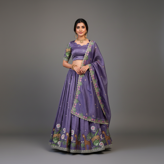 Lavender lehenga choli set with gold sequins and floral border; ornate hem motifs