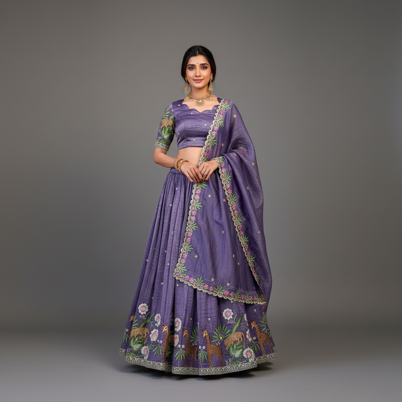 Doli - Gold Crush Sequins and Thread Embroidery Work Lavender Lehenga Choli