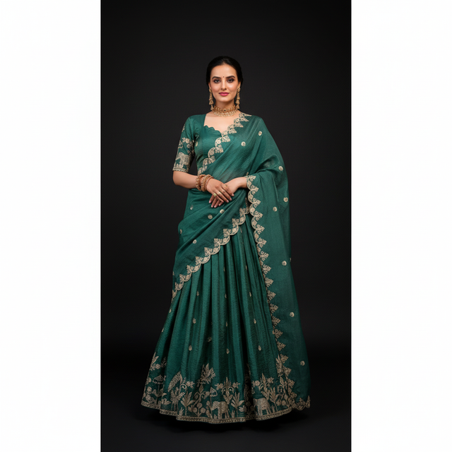 Teal lehenga choli with gold trim, floral motifs, and embellished dupatta edge
