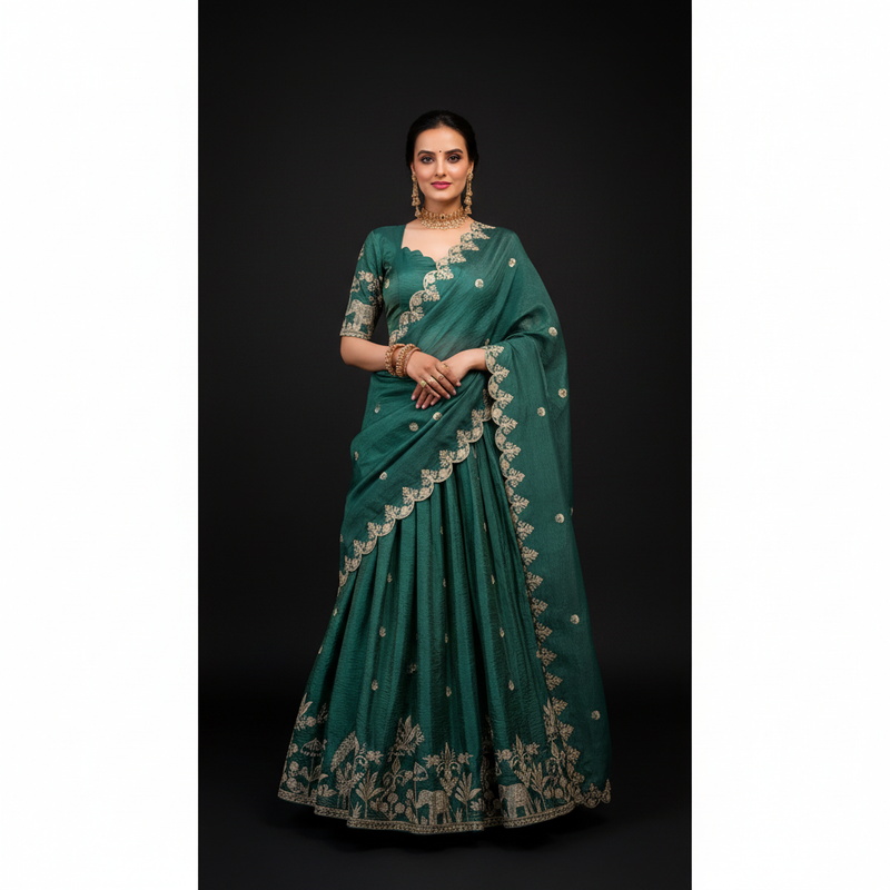 Teal lehenga choli with gold thread embroidery, scalloped neckline and draped dupatta