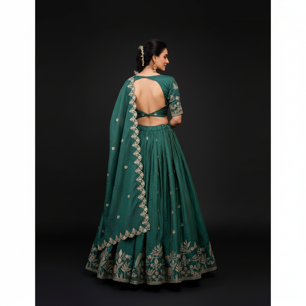 Doli - Gold Crush Sequins and Thread Embroidery Work Teal Lehenga Choli