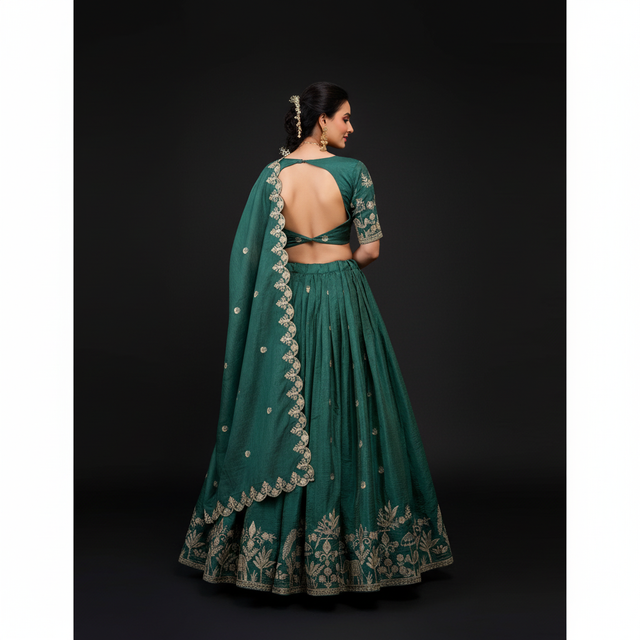 Teal lehenga choli with gold sequins and thread embroidery, back tie cutout