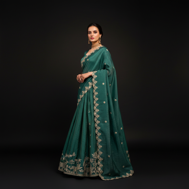 Teal lehenga choli with ornate gold embroidery border and matching drape