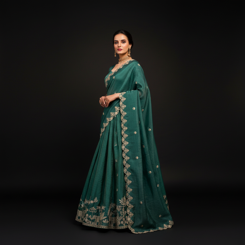 Teal lehenga choli with gold sequin embroidery and flared skirt border