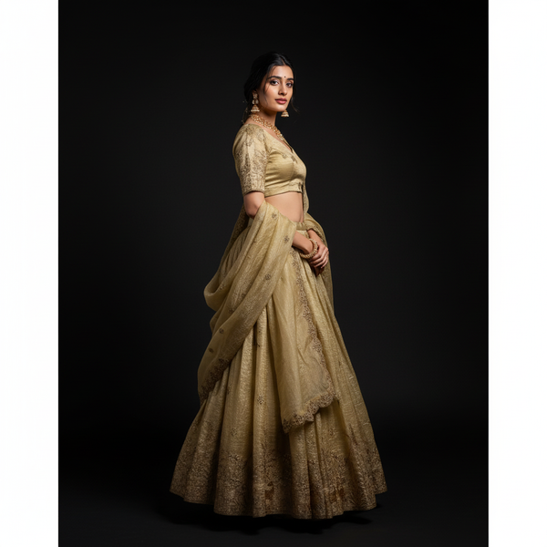 Doli - Gold Crush Sequins and Thread Embroidery Work Off White Lehenga Choli