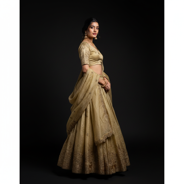 Gold lehenga choli with side drape and embroidered flared skirt, short sleeves