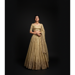 Doli - Gold Crush Sequins and Thread Embroidery Work Off White Lehenga Choli