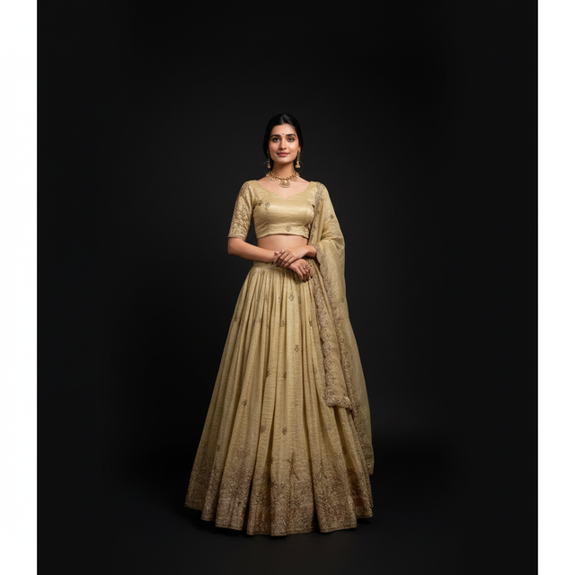 Gold lehenga choli set with embroidered bodice and flared skirt, long sleeves