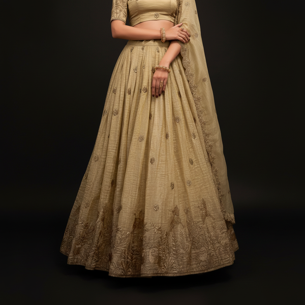 Doli - Gold Crush Sequins and Thread Embroidery Work Off White Lehenga Choli