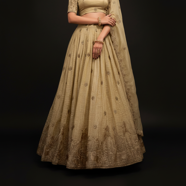 Gold lehenga choli with fitted blouse, gathered skirt and gold embroidered trim