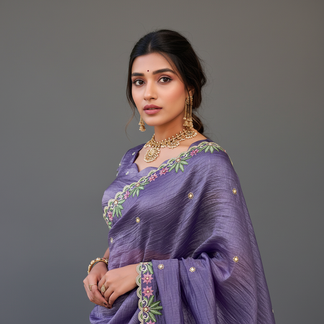 Lavender lehenga choli with gold sequins, floral thread embroidery border on dupatta