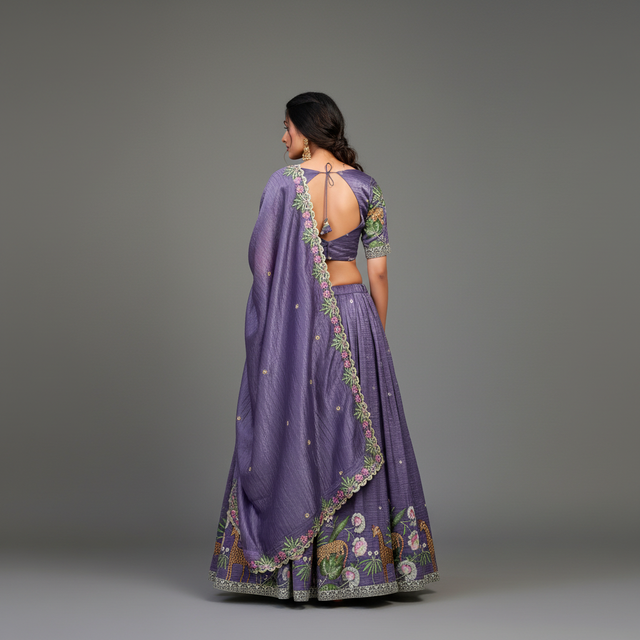 Lavender lehenga choli with embroidered dupatta; choli back tie detail and sequins