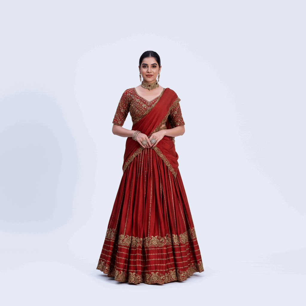 Doli - Rangoli Silk Sequins and Thread Embroidery Work Deep Orange Lehenga Choli