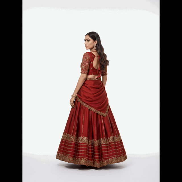 Dark red lehenga skirt with gold embroidered hem and matching choli top