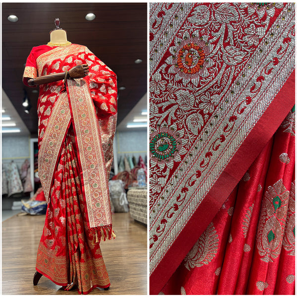 JMS Studio Woven Red Kanjivaram Style Saree with Golden Zari