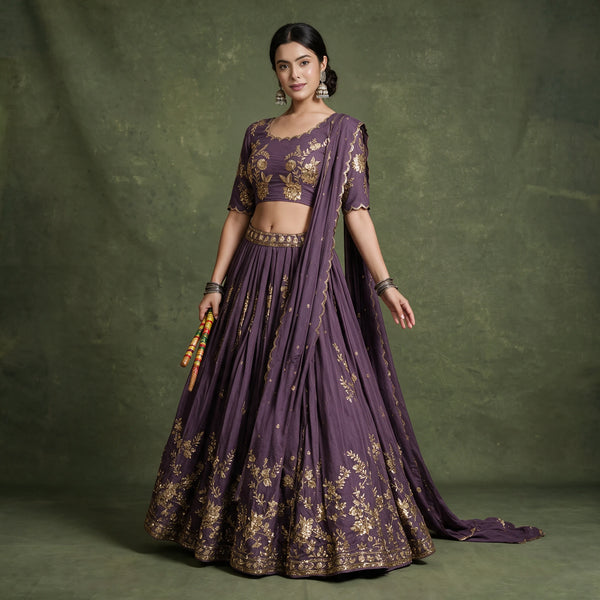 Doli lavender lehenga choli set with gold zari and sequin embroidery, full length