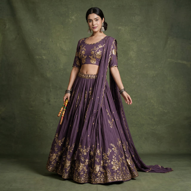 Doli lavender lehenga choli set with gold zari and sequin embroidery, full length