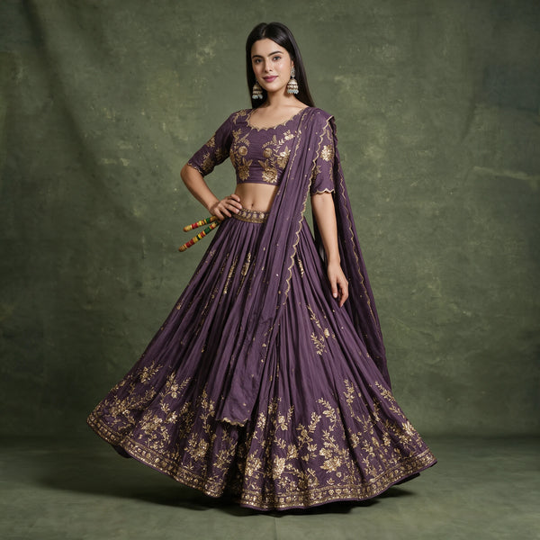 Doli lavender lehenga with gold zari embroidered hem border and dupatta