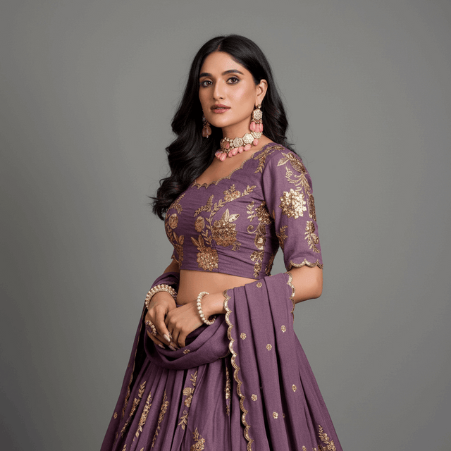 Lavender lehenga choli set with gold embroidered sleeves, fitted blouse and pleated skirt