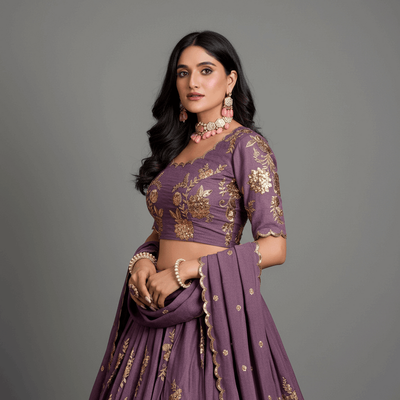 Purple lehenga choli set with gold zari floral motifs and scalloped sleeve hem
