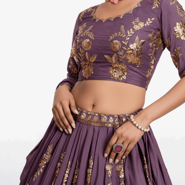 Lavender embroidered blouse and lehenga skirt with gold zari work and detailed waistband