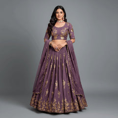 Lavender lehenga choli set with gold zari embroidery and embellished hem